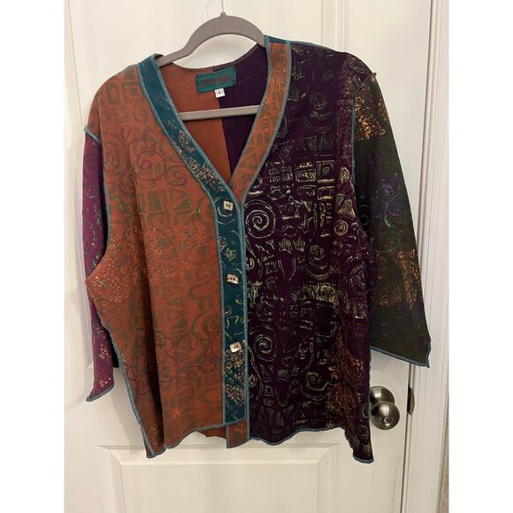 Bread Button Front Cotton Stretch L Asymmetrical 3/4 Sleeve Blouse Top Earthy - Picture 1 of 9